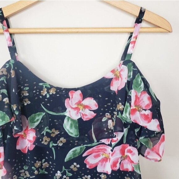 CAbi | #5220 Fairytale Cold Shoulder Floral Blouse Size Small Navy Pink Green - Picture 5 of 5